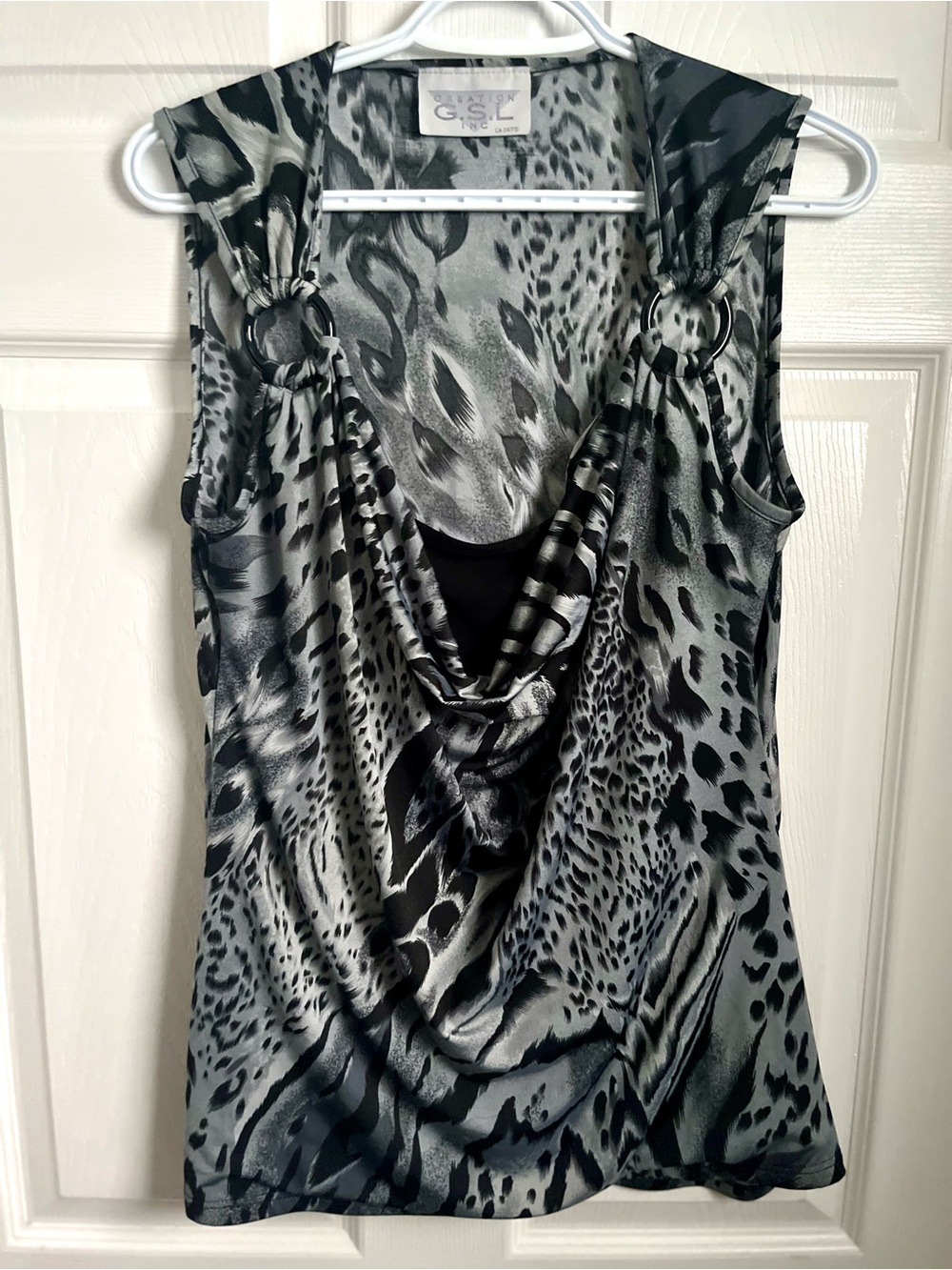 Vintage Y2K Top Creation GSL Animal Print Cowl Neck Large XL Zebra Leopard Black - Picture 3 of 6